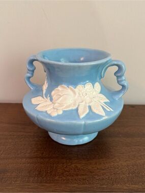 Weller USA Blue Cameo 5" Wide Mouth 2 Handled Vase Floral